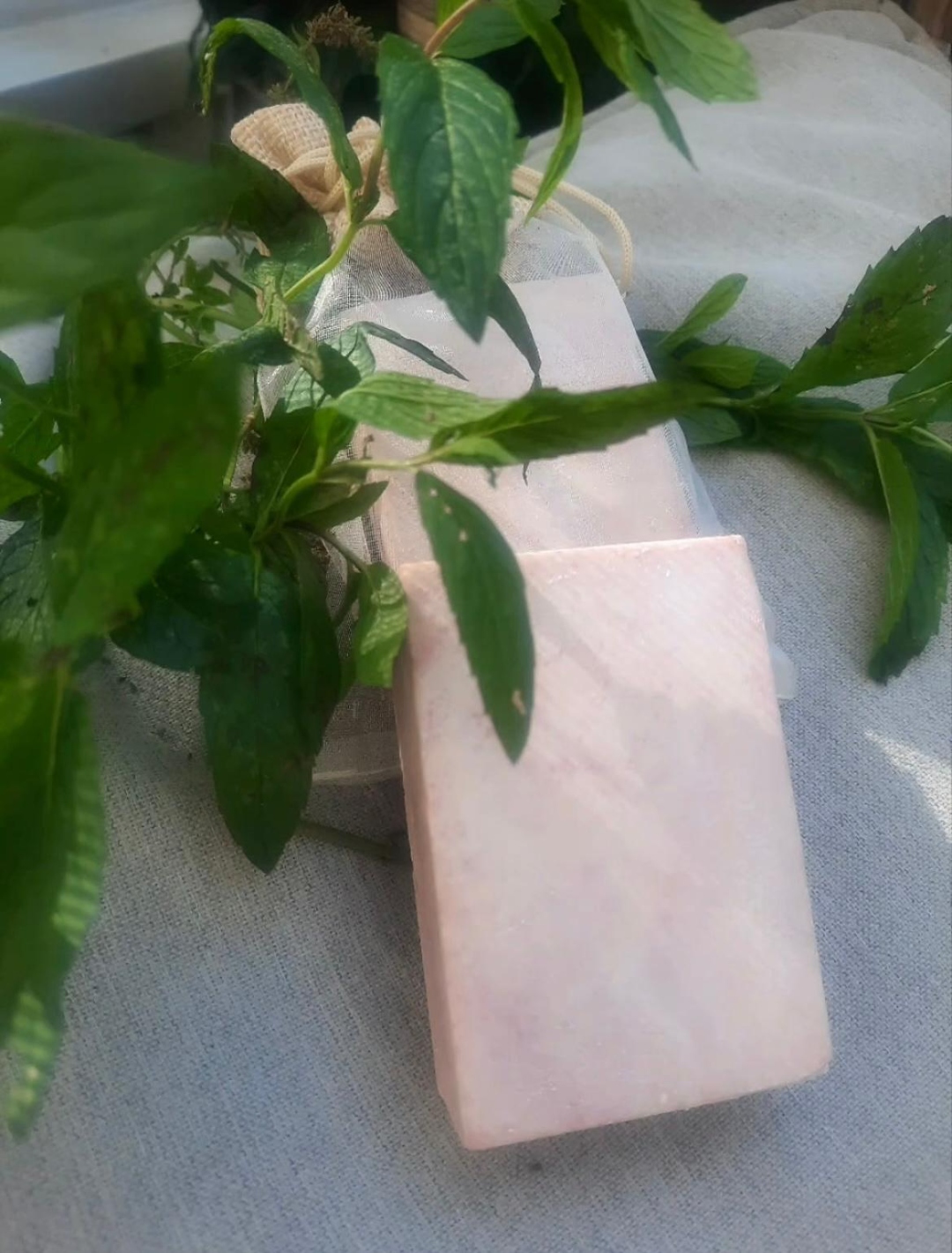 Handmade soap in organza bag with lavender
